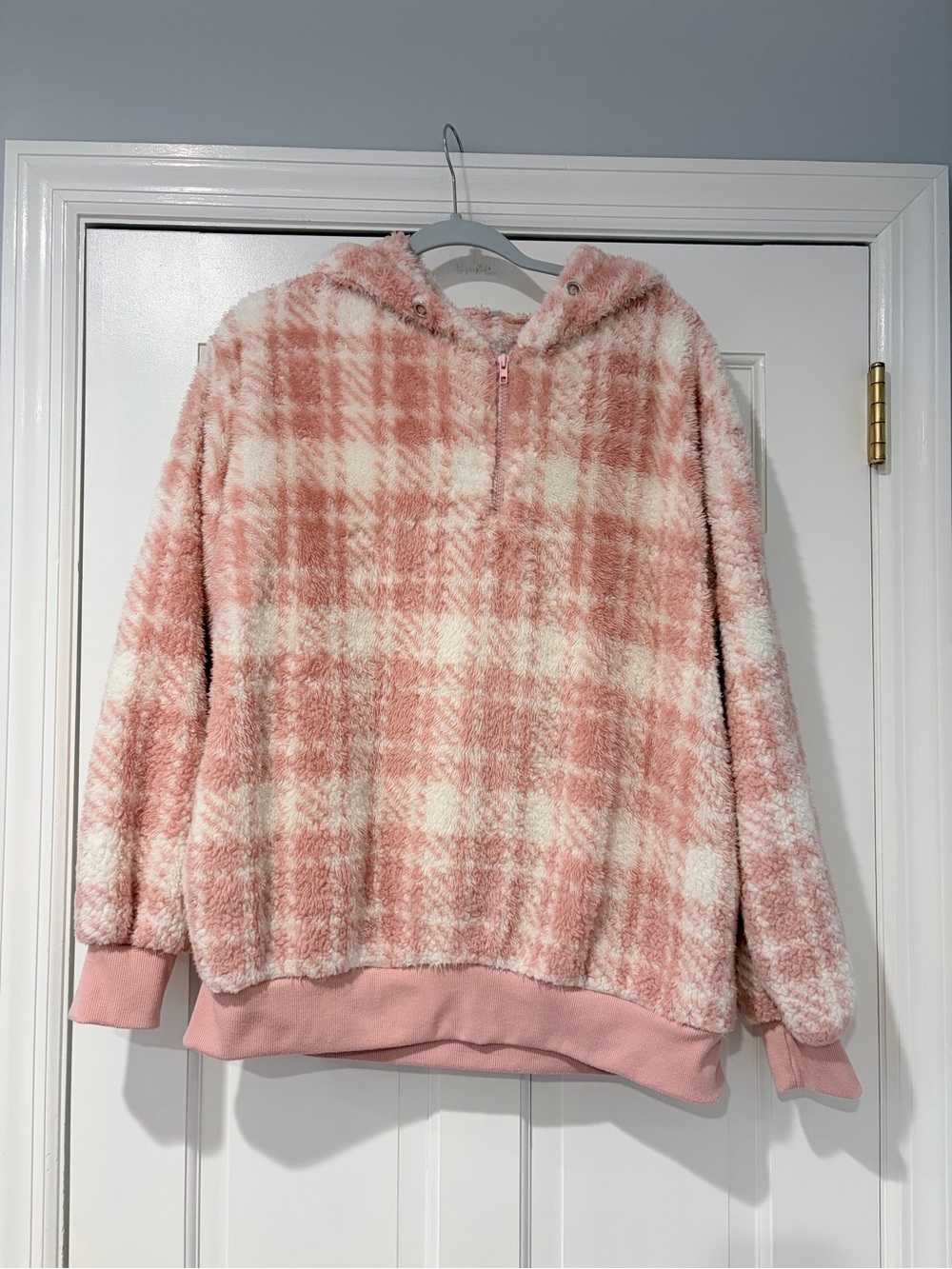 Pink Plaid Sherpa Hoodie Pullover Half Zip Cozy Fleece XL